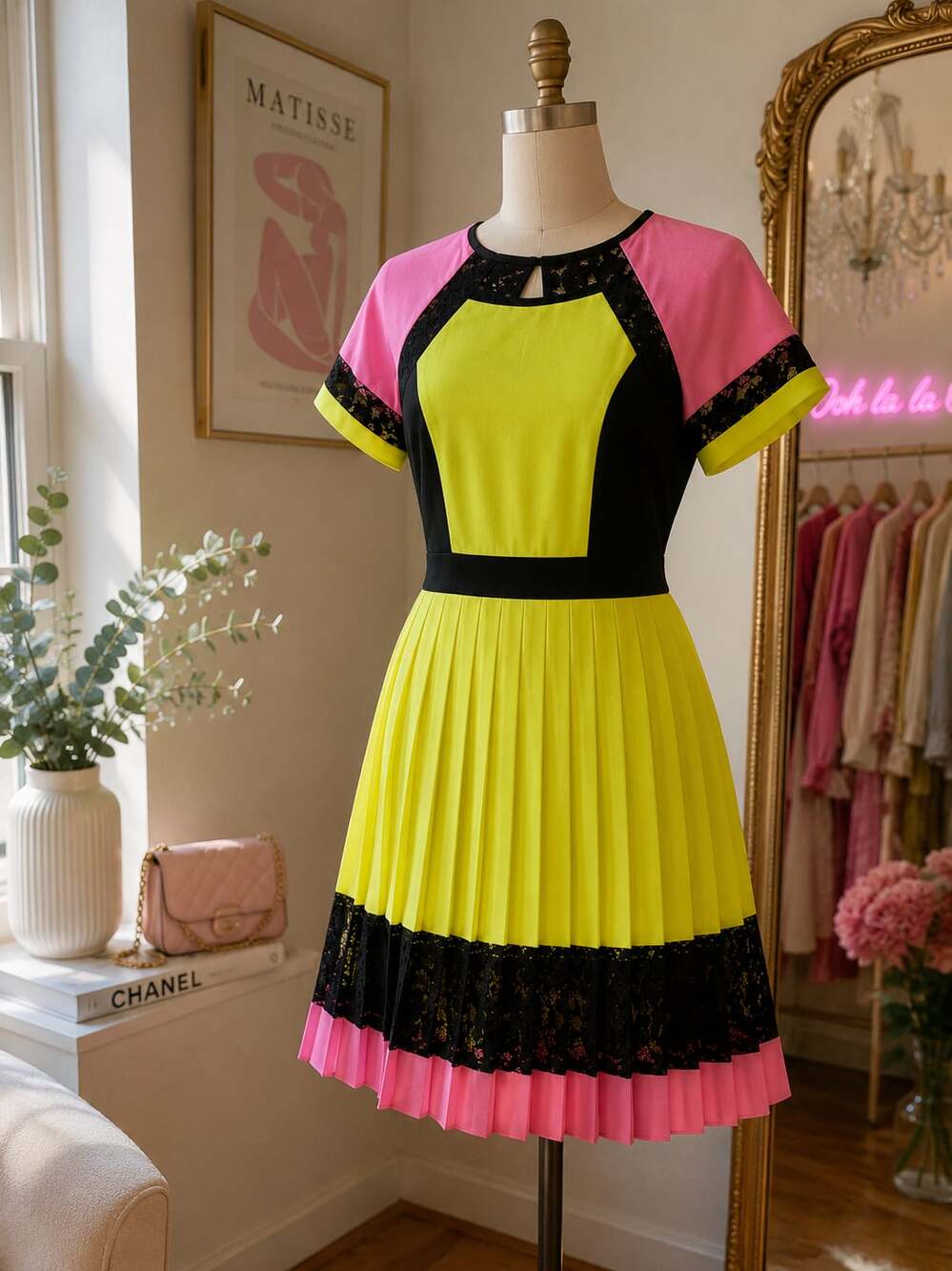 NWT French Connection Neon Pleated Lace Dress Colorblock US 4 Y2K